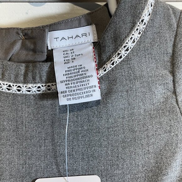 Tahari Girls Dress 3T Gray White Pleated Empire Waist Short Sleeves Bow Lace NWT - Picture 8 of 9
